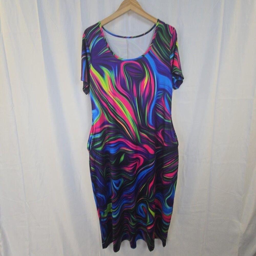 Psychedelic Tie Dye T Shirt Dress Womens 1XL Multicolor Short Sleeve Pockets